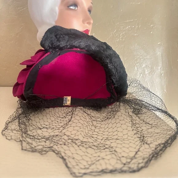 REGAL 1940's FUCHSIA FELT HAT - BLACK MUTTON TRIM AND FELT "ROSES" + FULL VEIL
